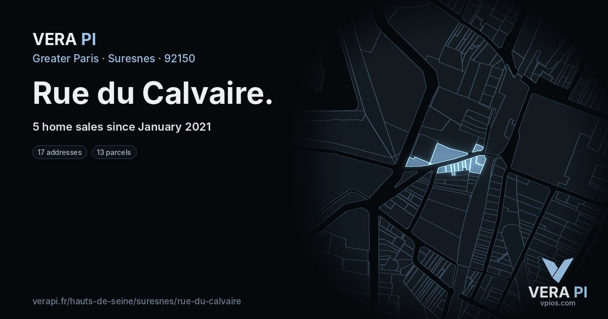 Rue du Calvaire, Suresnes at night – every parcel coloured by the prices around it, the street's own parcels lit