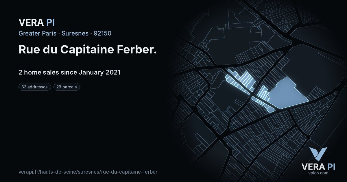 Rue du Capitaine Ferber, Suresnes at night – every parcel coloured by the prices around it, the street's own parcels lit