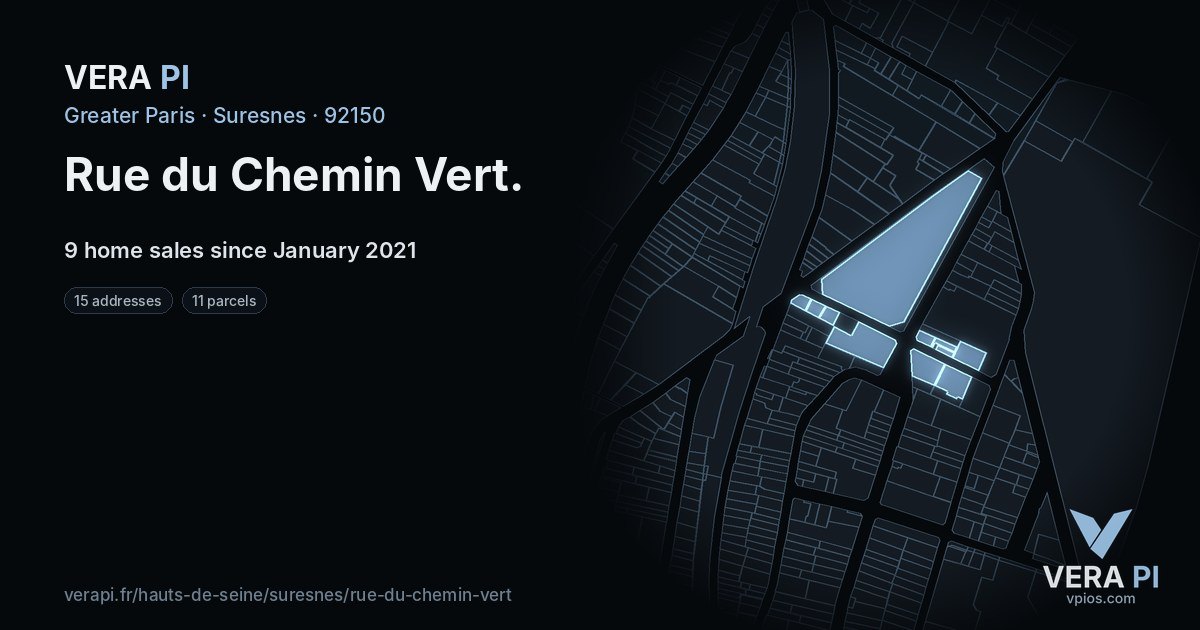 Rue du Chemin Vert, Suresnes at night – every parcel coloured by the prices around it, the street's own parcels lit