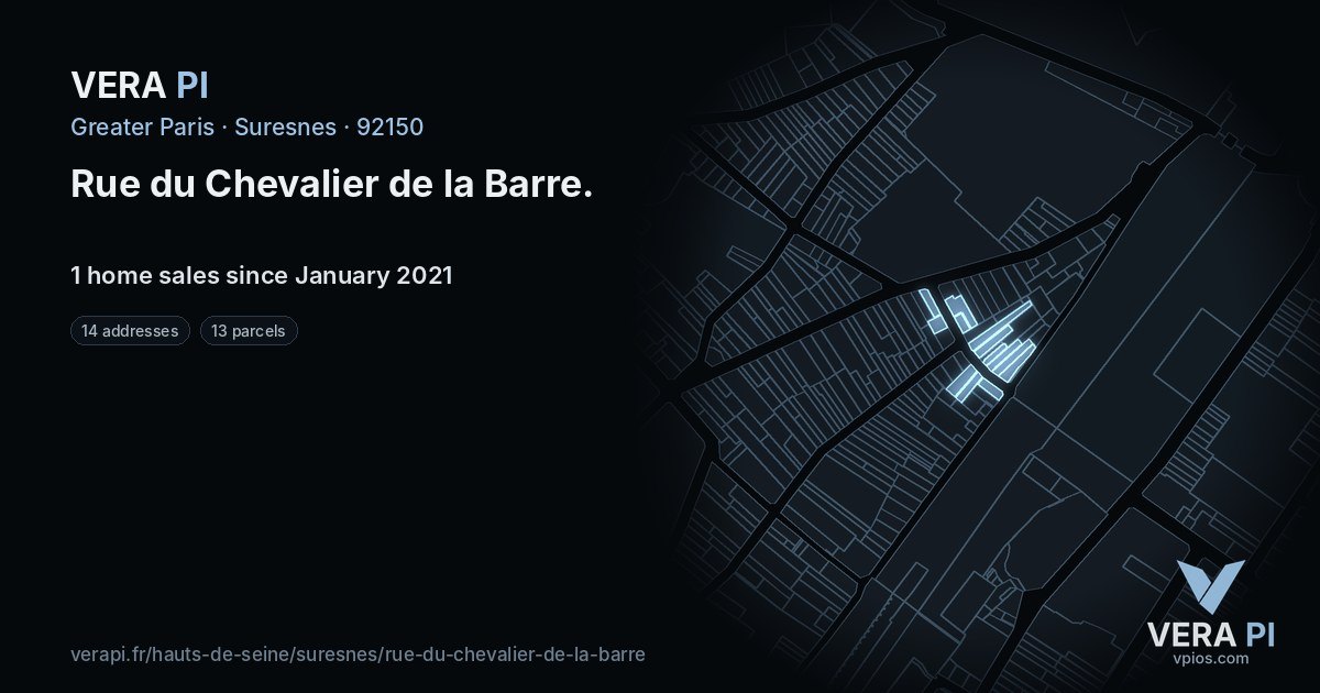 Rue du Chevalier de la Barre, Suresnes at night – every parcel coloured by the prices around it, the street's own parcels lit
