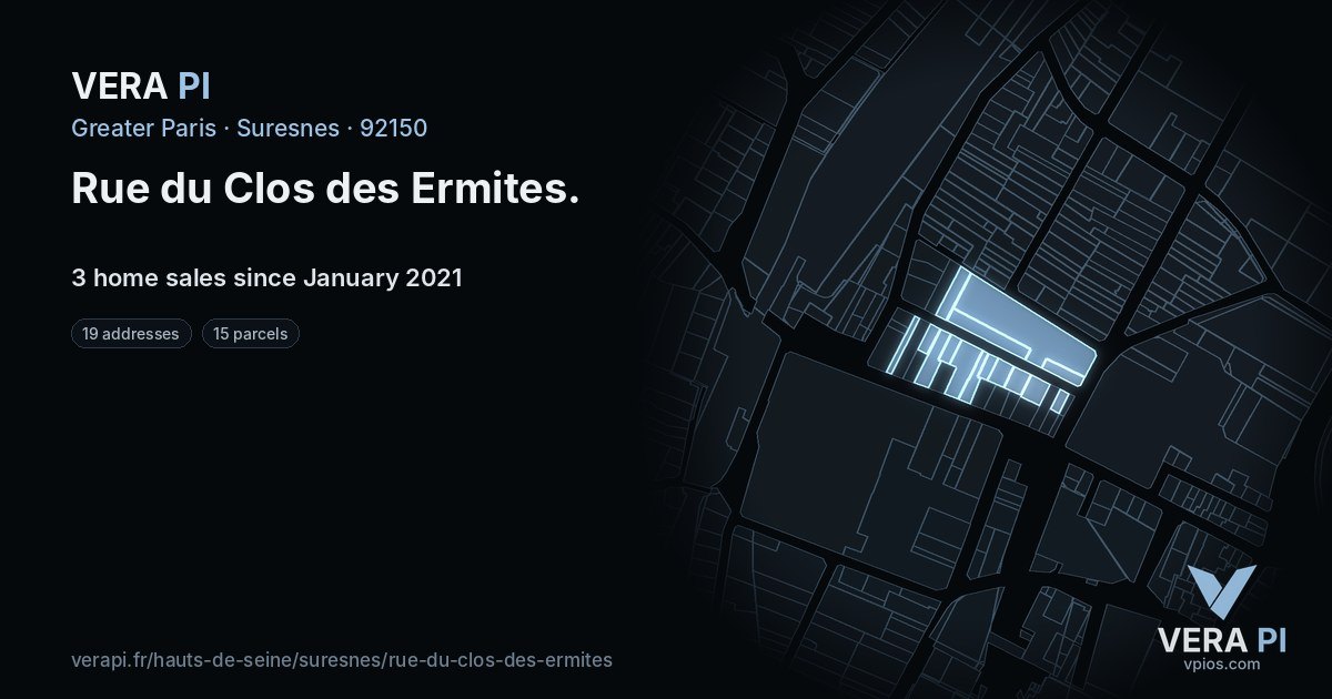 Rue du Clos des Ermites, Suresnes at night – every parcel coloured by the prices around it, the street's own parcels lit