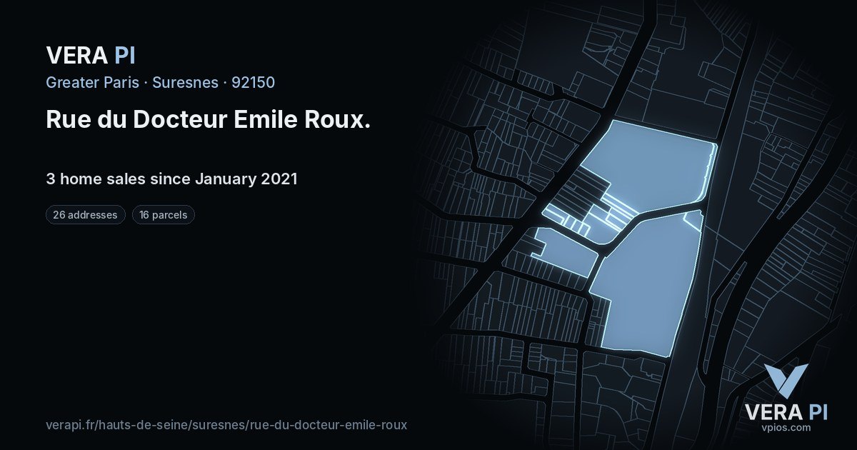 Rue du Docteur Emile Roux, Suresnes at night – every parcel coloured by the prices around it, the street's own parcels lit
