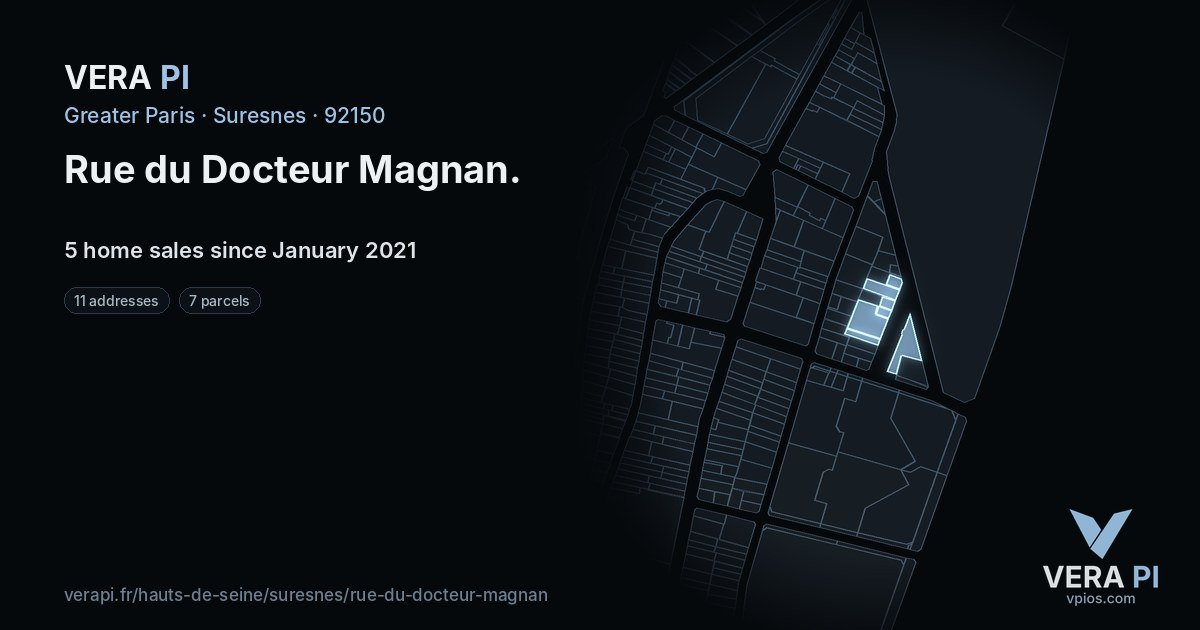 Rue du Docteur Magnan, Suresnes at night – every parcel coloured by the prices around it, the street's own parcels lit