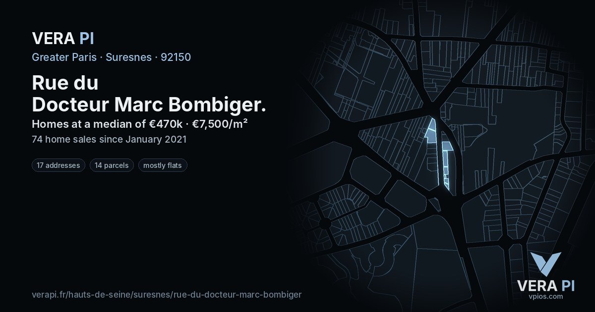 Rue du Docteur Marc Bombiger, Suresnes at night – every parcel coloured by the prices around it, the street's own parcels lit