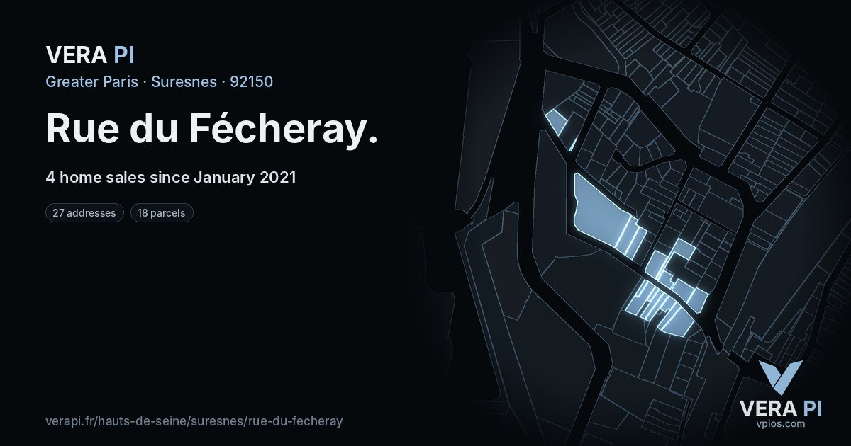 Rue du Fécheray, Suresnes at night – every parcel coloured by the prices around it, the street's own parcels lit