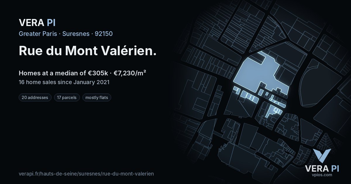 Rue du Mont Valérien, Suresnes at night – every parcel coloured by the prices around it, the street's own parcels lit