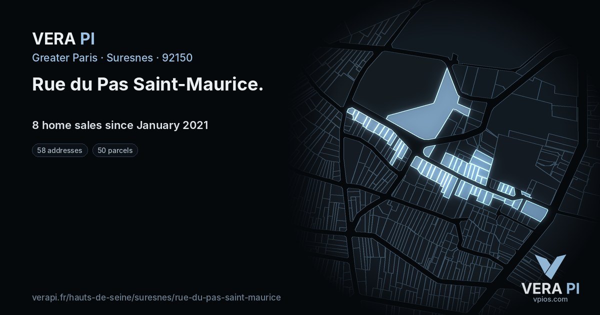 Rue du Pas Saint-Maurice, Suresnes at night – every parcel coloured by the prices around it, the street's own parcels lit