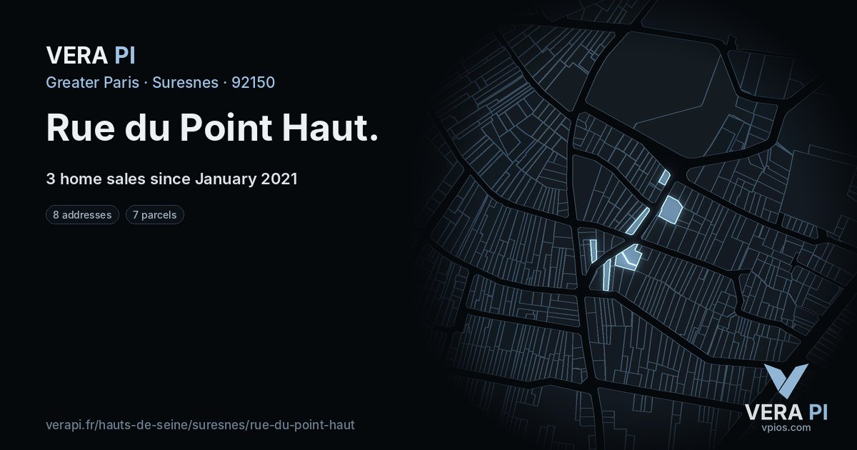 Rue du Point Haut, Suresnes at night – every parcel coloured by the prices around it, the street's own parcels lit