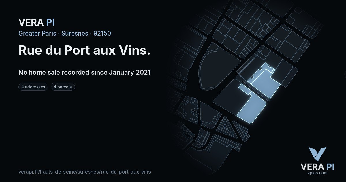 Rue du Port aux Vins, Suresnes at night – every parcel coloured by the prices around it, the street's own parcels lit