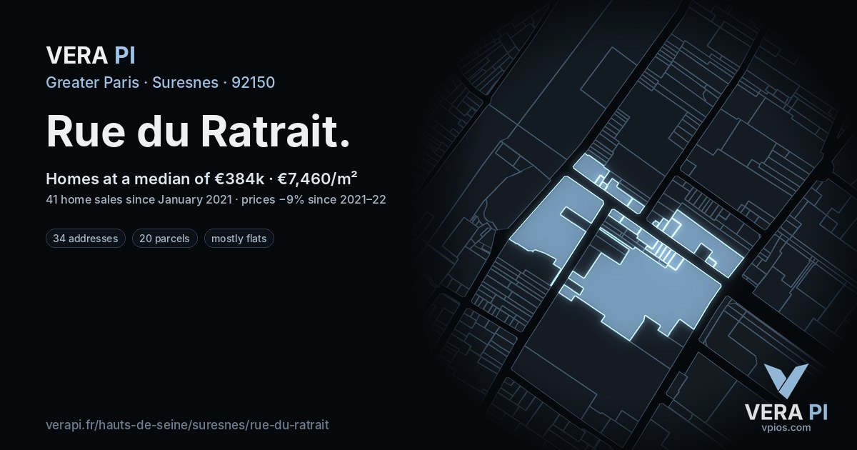 Rue du Ratrait, Suresnes at night – every parcel coloured by the prices around it, the street's own parcels lit