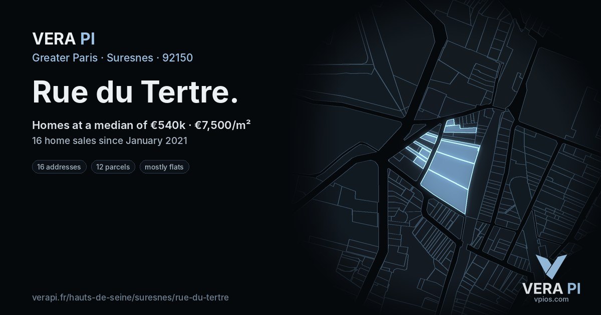 Rue du Tertre, Suresnes at night – every parcel coloured by the prices around it, the street's own parcels lit
