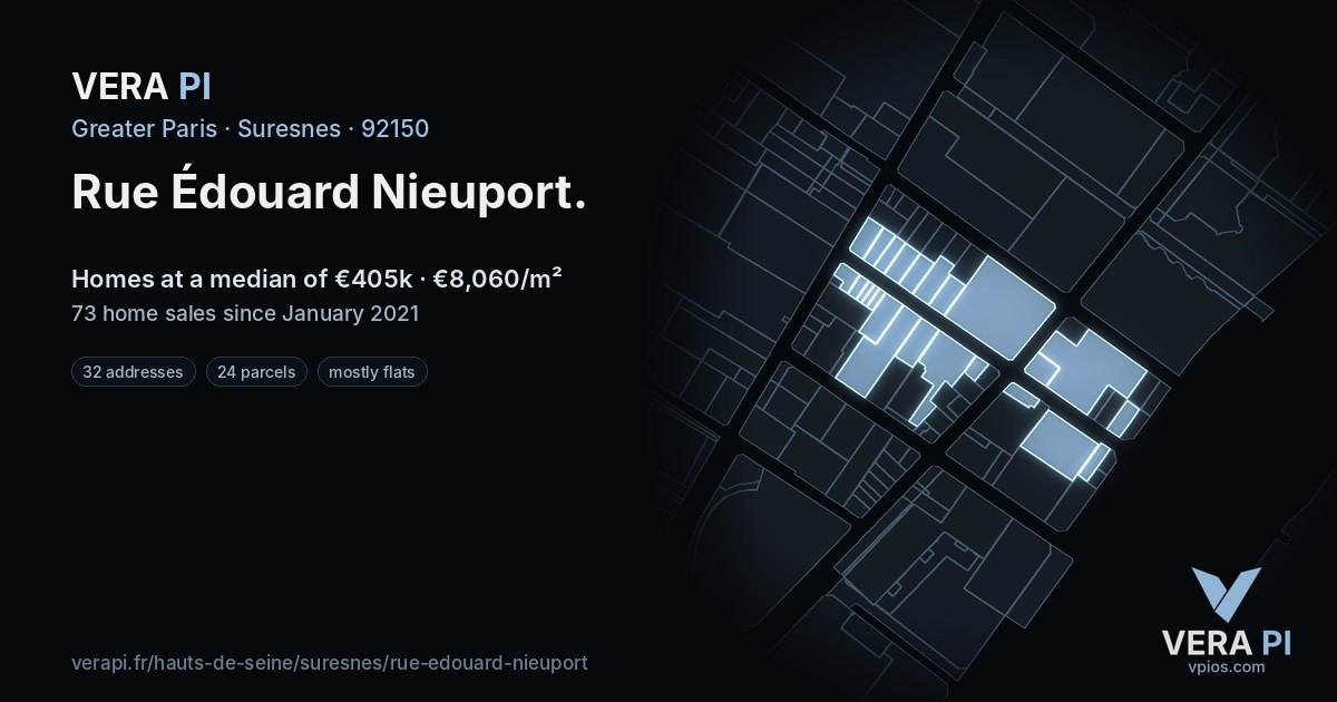 Rue Édouard Nieuport, Suresnes at night – every parcel coloured by the prices around it, the street's own parcels lit