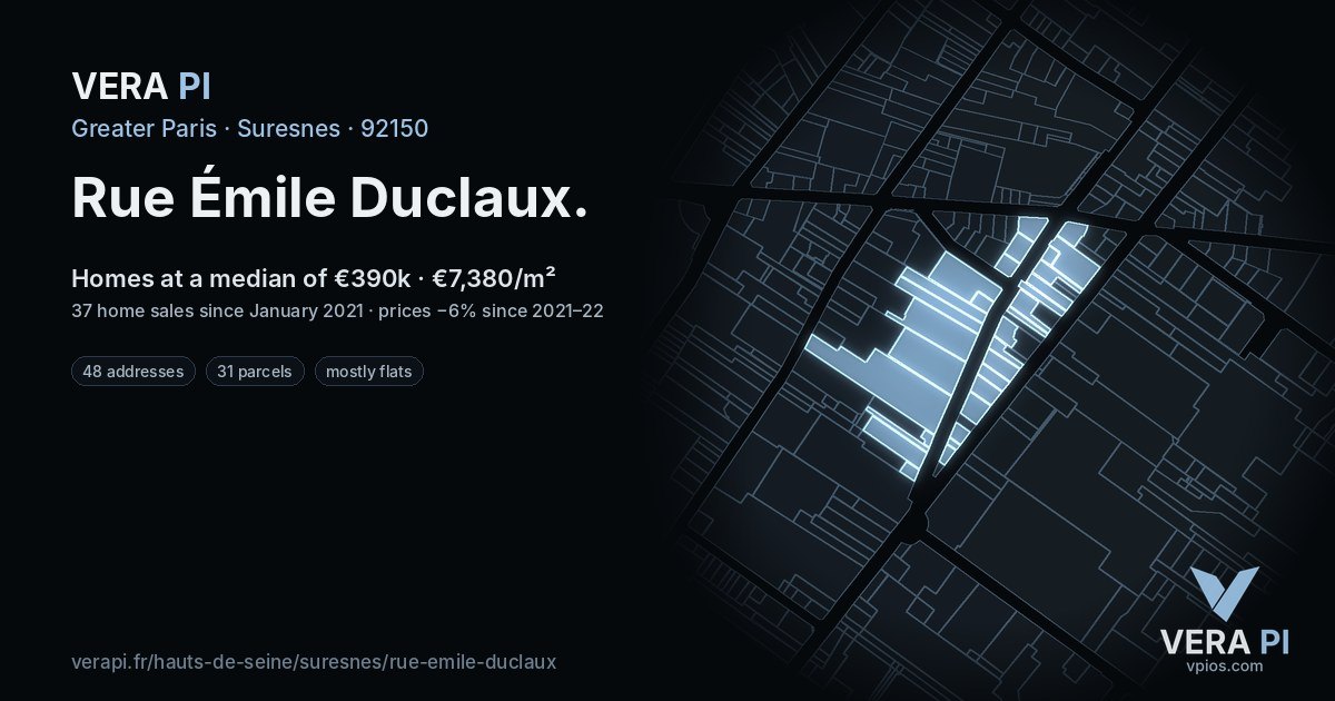 Rue Émile Duclaux, Suresnes at night – every parcel coloured by the prices around it, the street's own parcels lit