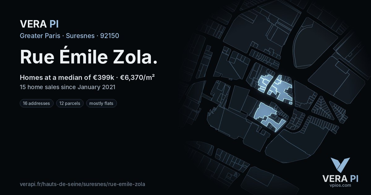 Rue Émile Zola, Suresnes at night – every parcel coloured by the prices around it, the street's own parcels lit