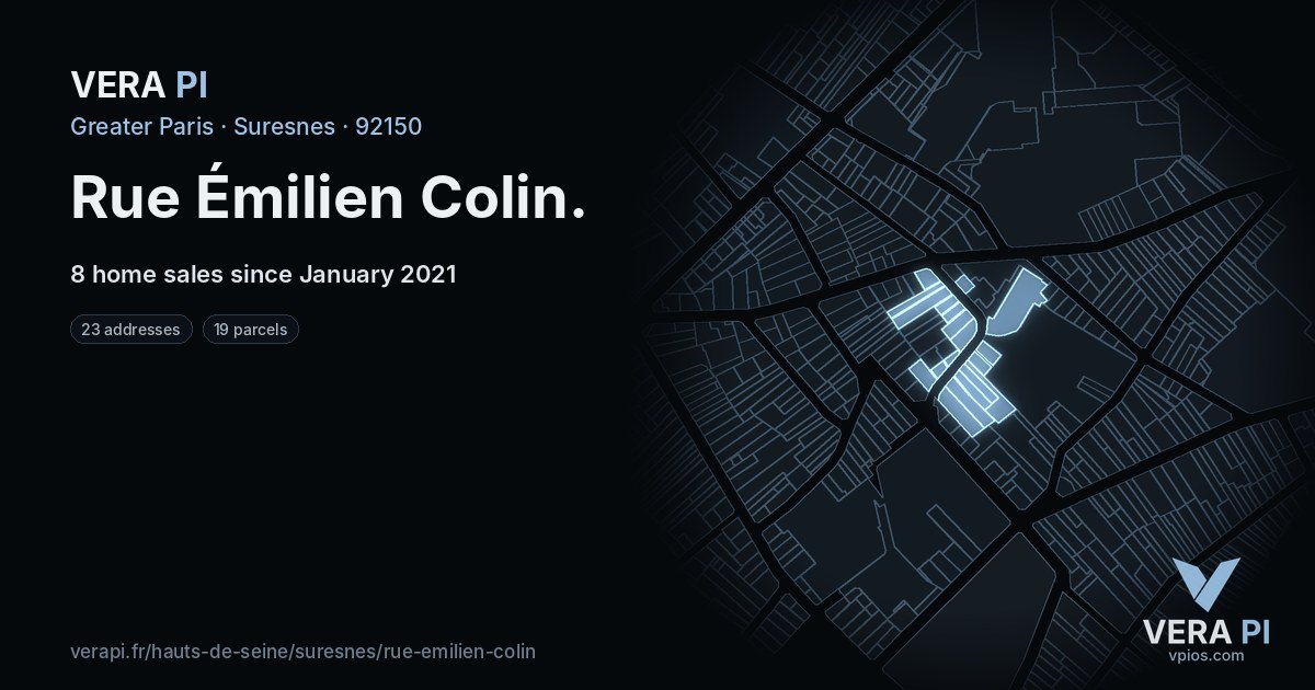 Rue Émilien Colin, Suresnes at night – every parcel coloured by the prices around it, the street's own parcels lit