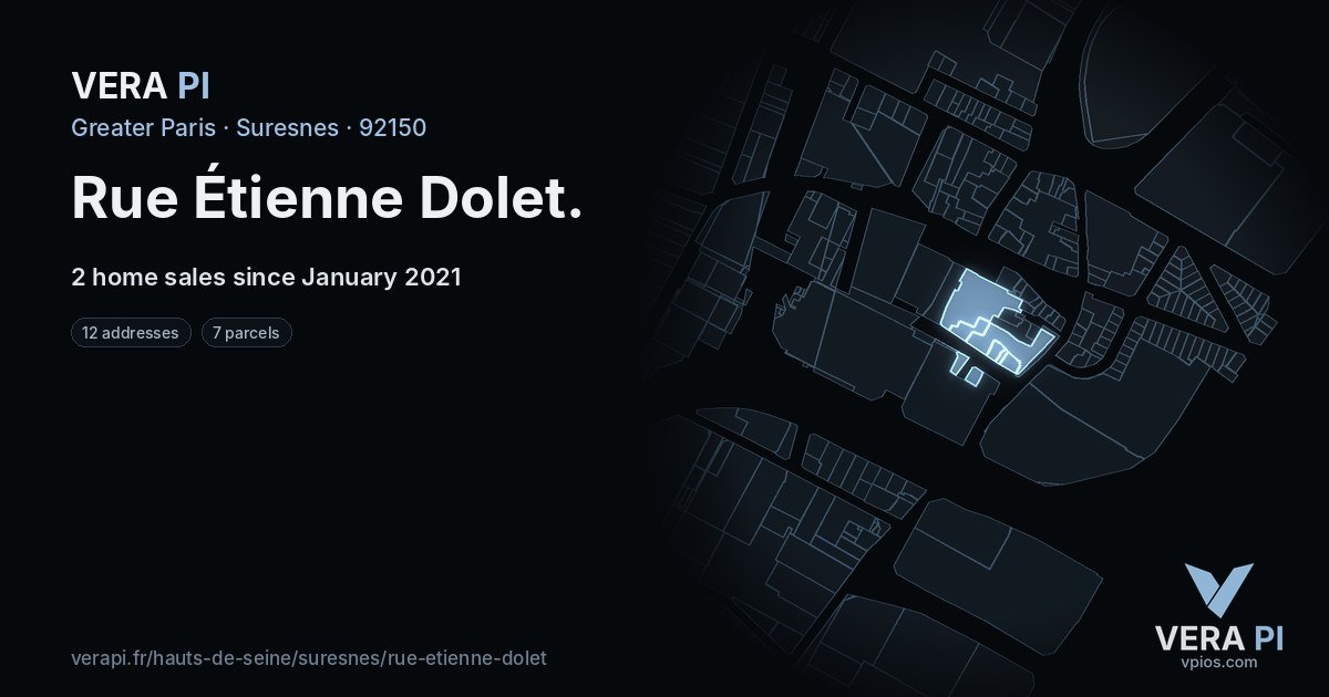 Rue Étienne Dolet, Suresnes at night – every parcel coloured by the prices around it, the street's own parcels lit