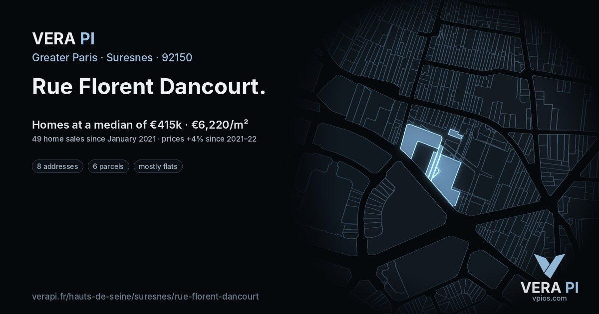 Rue Florent Dancourt, Suresnes at night – every parcel coloured by the prices around it, the street's own parcels lit