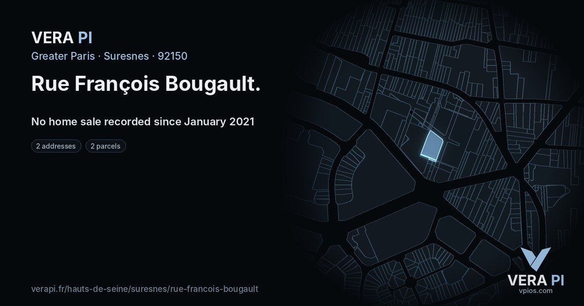 Rue François Bougault, Suresnes at night – every parcel coloured by the prices around it, the street's own parcels lit