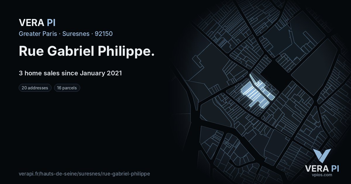 Rue Gabriel Philippe, Suresnes at night – every parcel coloured by the prices around it, the street's own parcels lit
