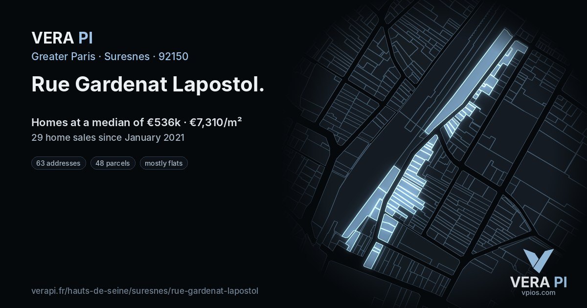 Rue Gardenat Lapostol, Suresnes at night – every parcel coloured by the prices around it, the street's own parcels lit