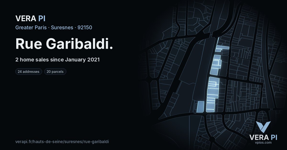 Rue Garibaldi, Suresnes at night – every parcel coloured by the prices around it, the street's own parcels lit