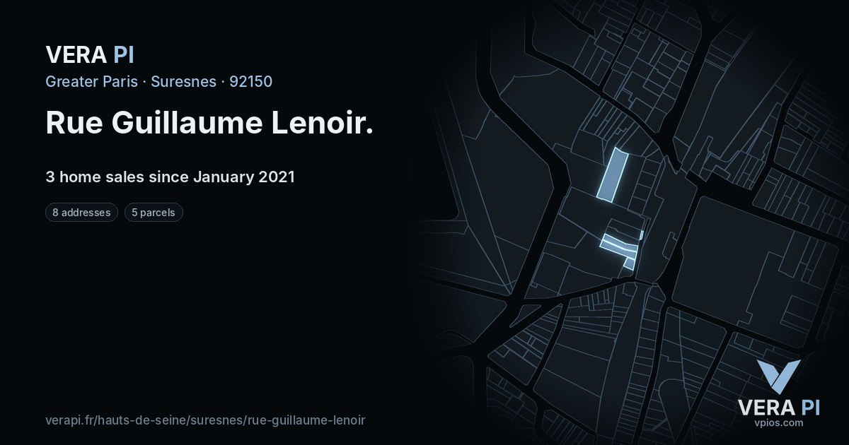 Rue Guillaume Lenoir, Suresnes at night – every parcel coloured by the prices around it, the street's own parcels lit