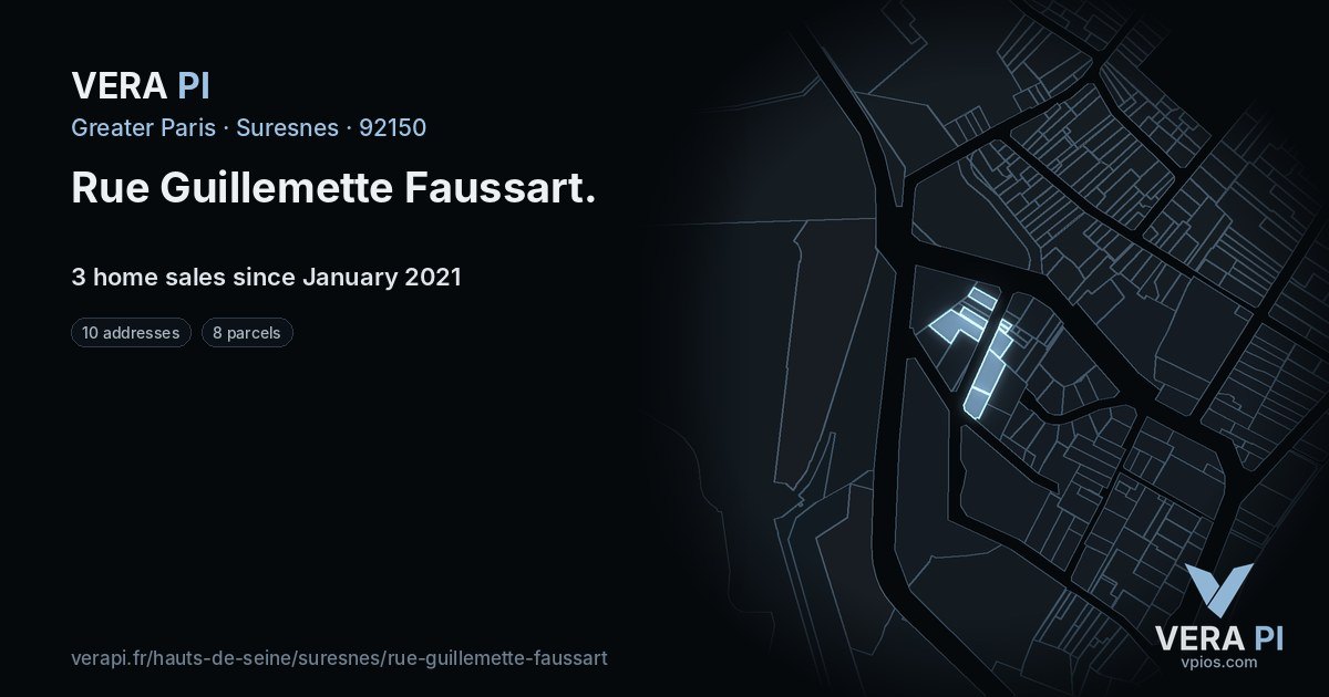Rue Guillemette Faussart, Suresnes at night – every parcel coloured by the prices around it, the street's own parcels lit