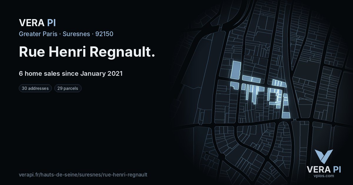 Rue Henri Regnault, Suresnes at night – every parcel coloured by the prices around it, the street's own parcels lit