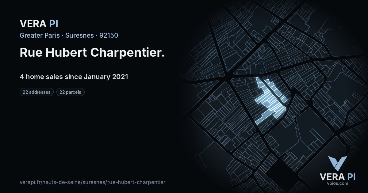 Rue Hubert Charpentier, Suresnes at night – every parcel coloured by the prices around it, the street's own parcels lit