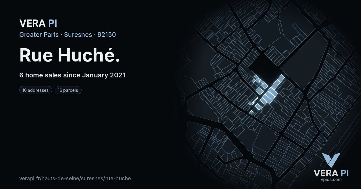 Rue Huché, Suresnes at night – every parcel coloured by the prices around it, the street's own parcels lit