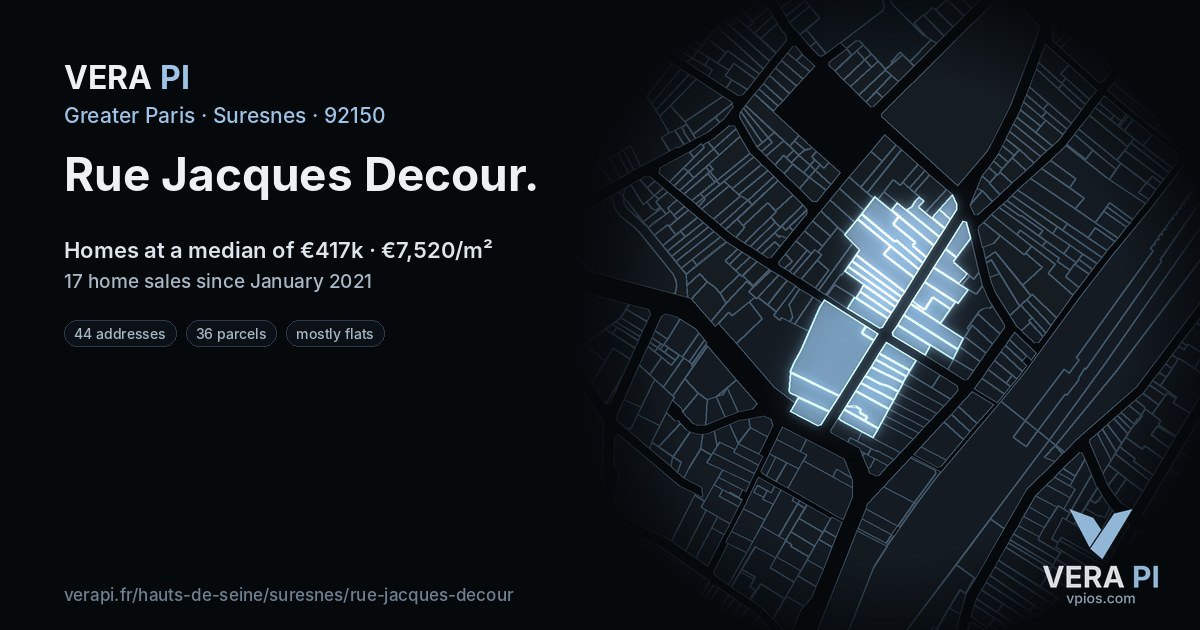 Rue Jacques Decour, Suresnes at night – every parcel coloured by the prices around it, the street's own parcels lit