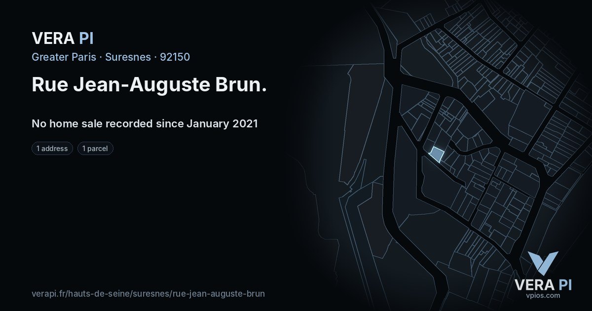 Rue Jean-Auguste Brun, Suresnes at night – every parcel coloured by the prices around it, the street's own parcels lit