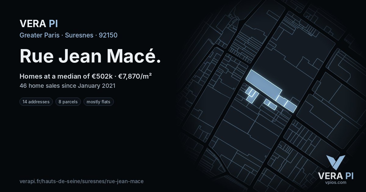 Rue Jean Macé, Suresnes at night – every parcel coloured by the prices around it, the street's own parcels lit
