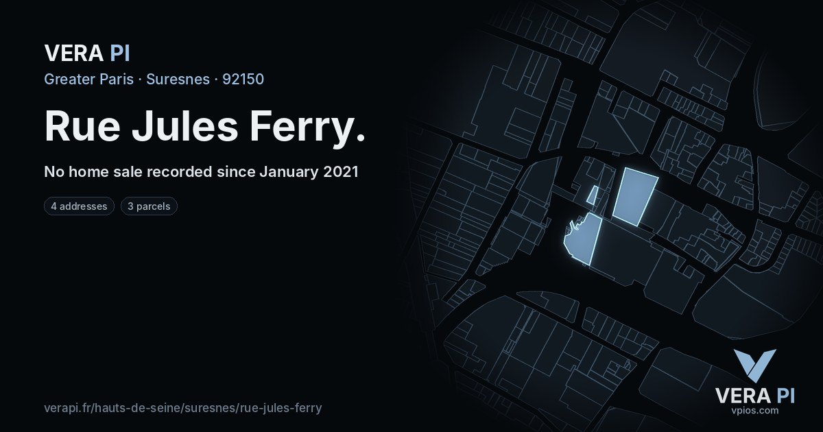Rue Jules Ferry, Suresnes at night – every parcel coloured by the prices around it, the street's own parcels lit