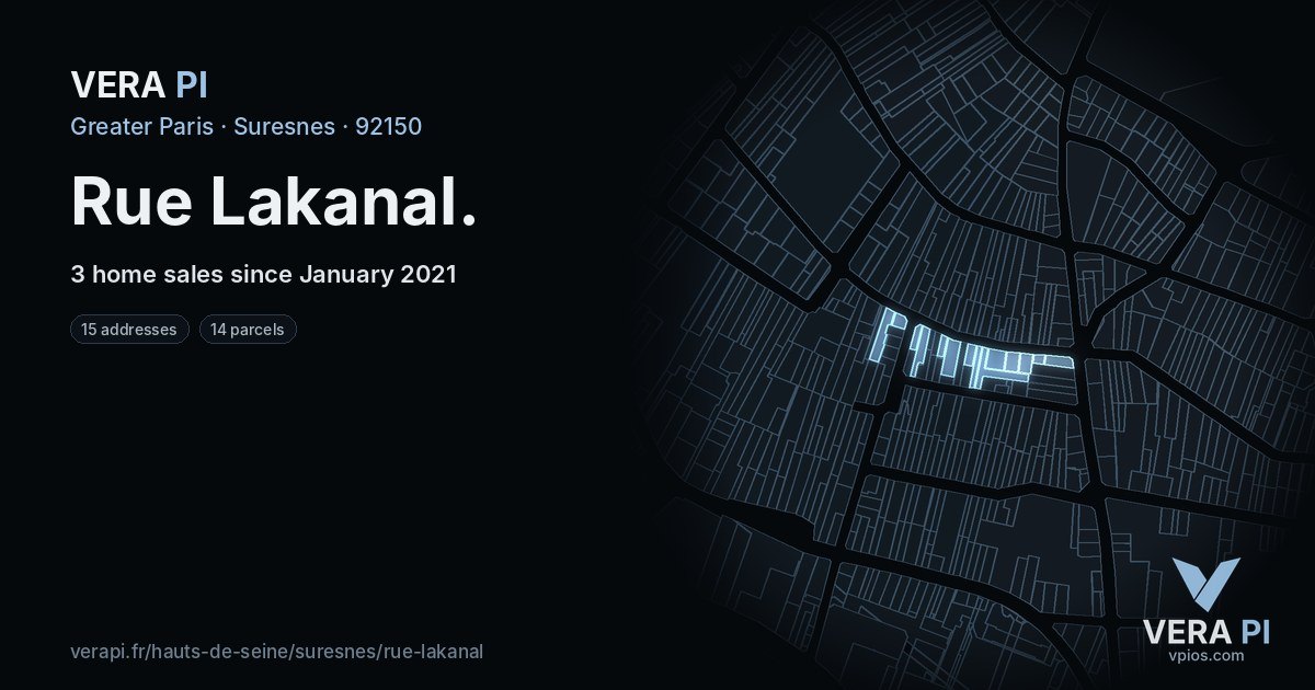 Rue Lakanal, Suresnes at night – every parcel coloured by the prices around it, the street's own parcels lit
