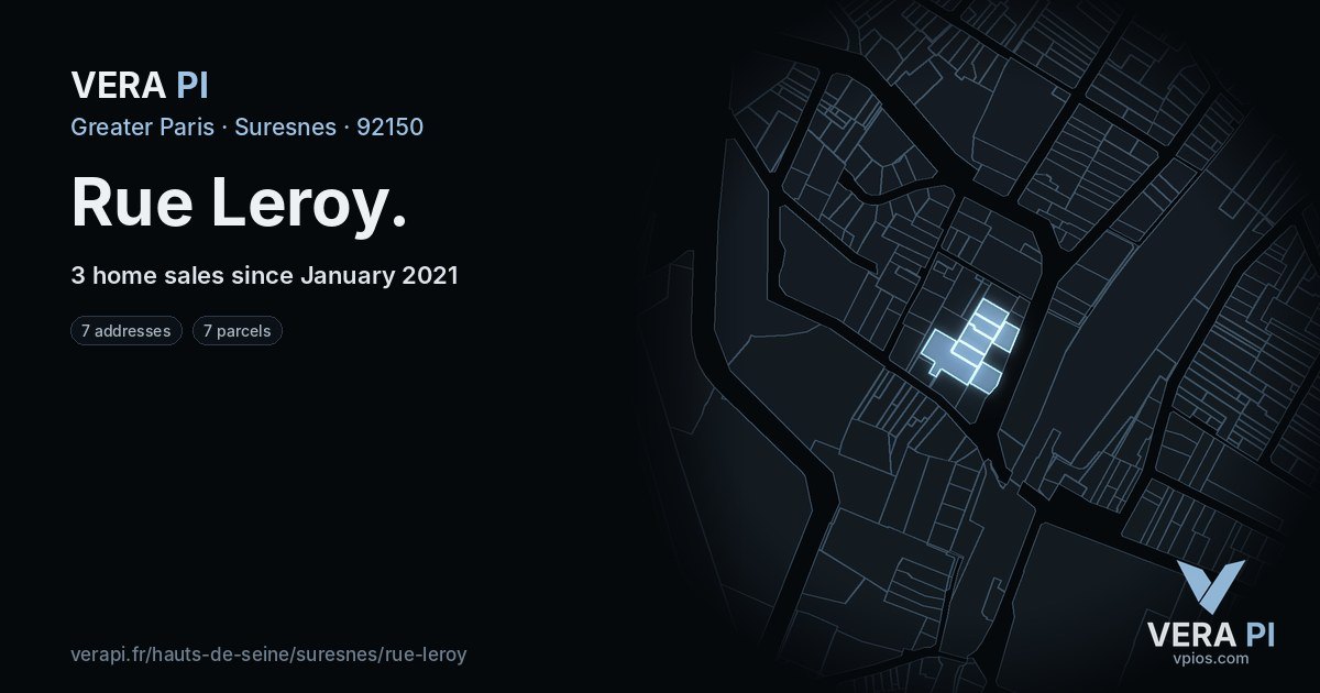 Rue Leroy, Suresnes at night – every parcel coloured by the prices around it, the street's own parcels lit