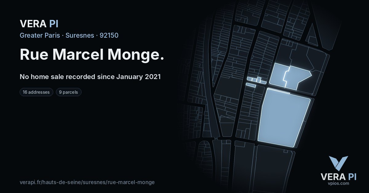 Rue Marcel Monge, Suresnes at night – every parcel coloured by the prices around it, the street's own parcels lit