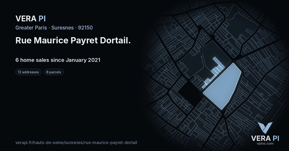 Rue Maurice Payret Dortail, Suresnes at night – every parcel coloured by the prices around it, the street's own parcels lit
