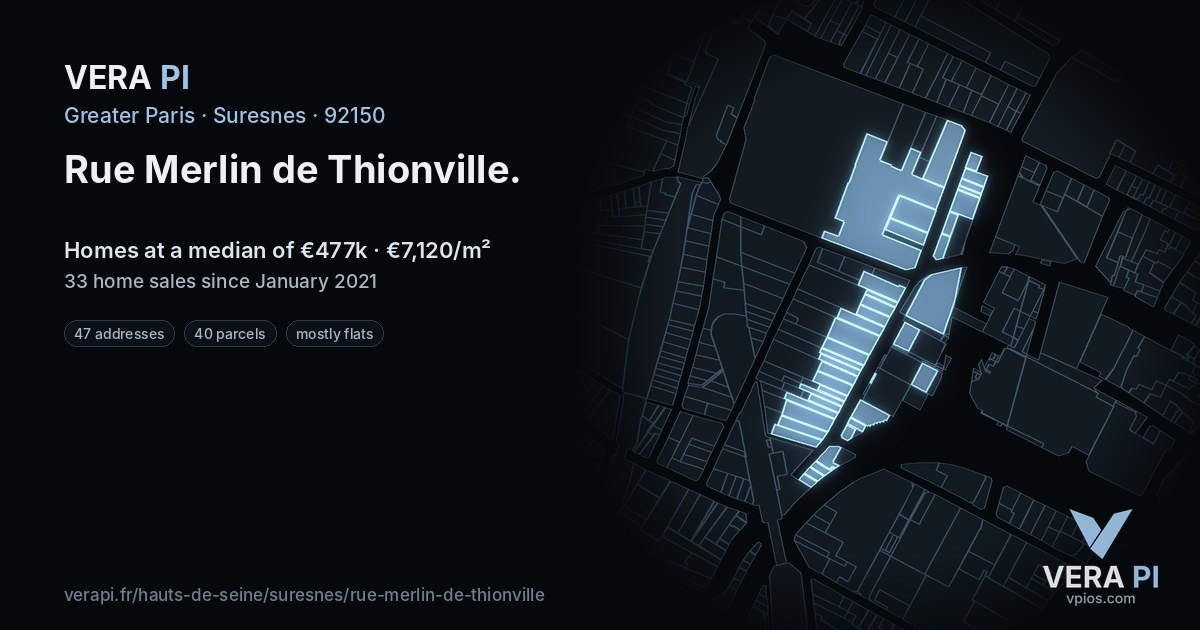 Rue Merlin de Thionville, Suresnes at night – every parcel coloured by the prices around it, the street's own parcels lit