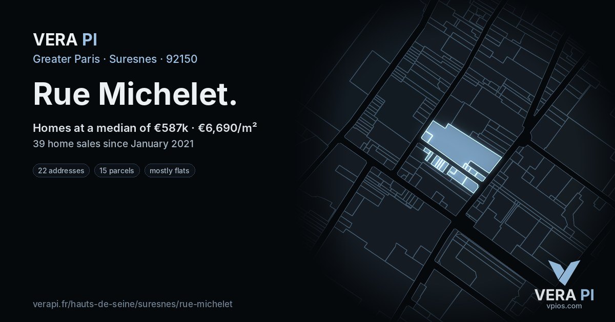 Rue Michelet, Suresnes at night – every parcel coloured by the prices around it, the street's own parcels lit