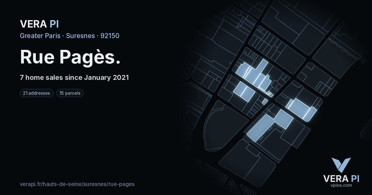 Rue Pagès, Suresnes at night – every parcel coloured by the prices around it, the street's own parcels lit