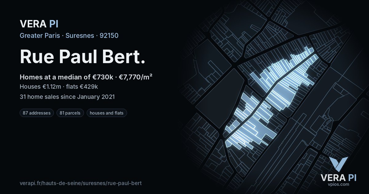 Rue Paul Bert, Suresnes at night – every parcel coloured by the prices around it, the street's own parcels lit