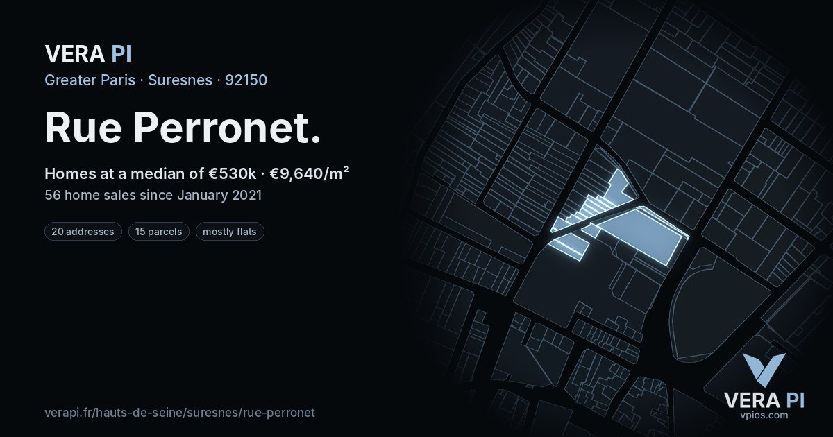 Rue Perronet, Suresnes at night – every parcel coloured by the prices around it, the street's own parcels lit