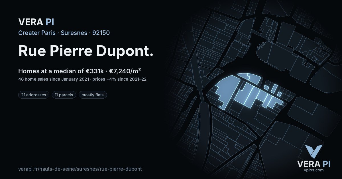 Rue Pierre Dupont, Suresnes at night – every parcel coloured by the prices around it, the street's own parcels lit