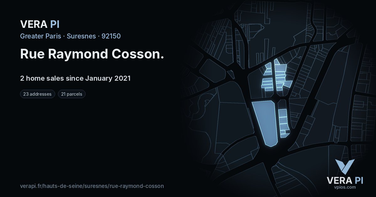 Rue Raymond Cosson, Suresnes at night – every parcel coloured by the prices around it, the street's own parcels lit