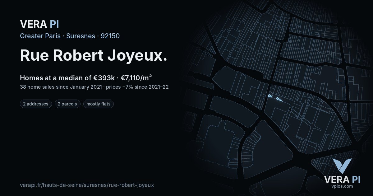 Rue Robert Joyeux, Suresnes at night – every parcel coloured by the prices around it, the street's own parcels lit