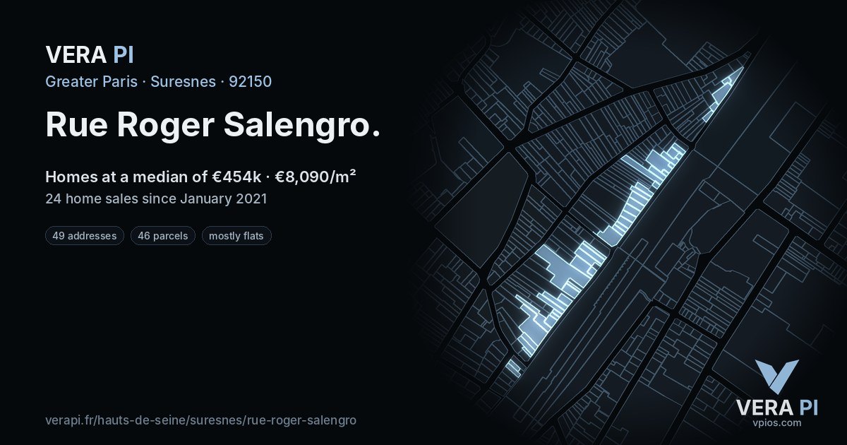 Rue Roger Salengro, Suresnes at night – every parcel coloured by the prices around it, the street's own parcels lit
