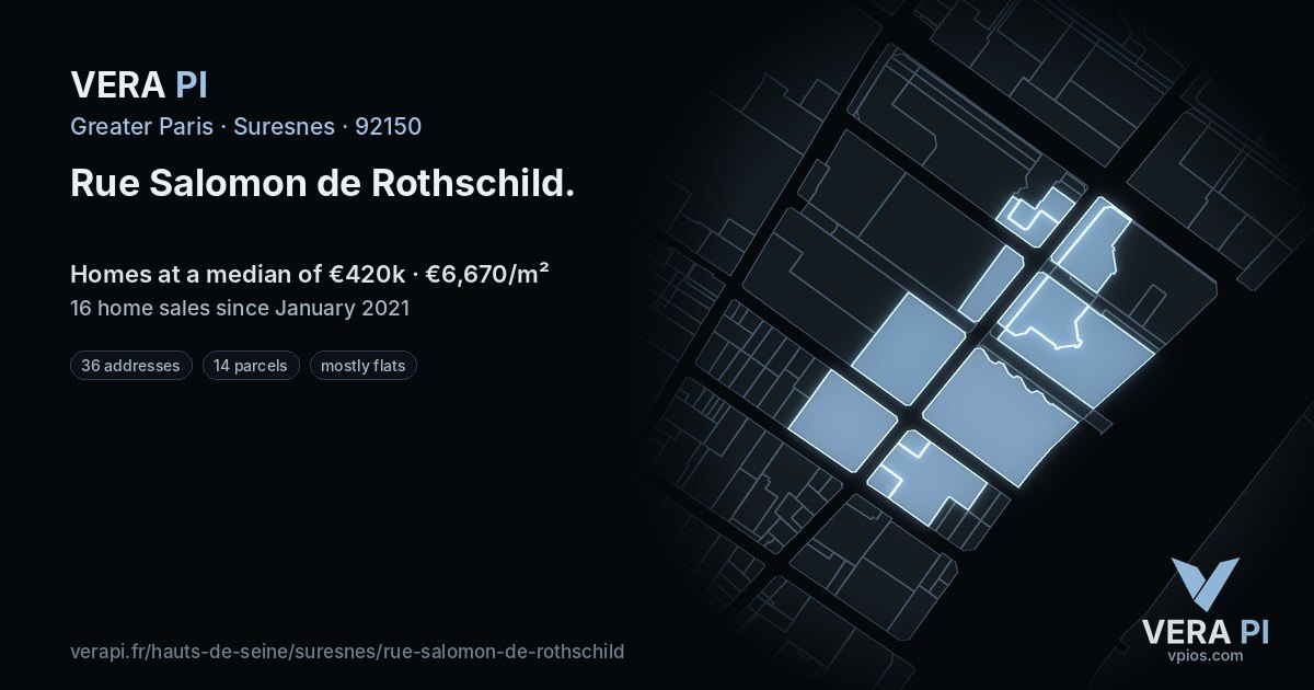 Rue Salomon de Rothschild, Suresnes at night – every parcel coloured by the prices around it, the street's own parcels lit