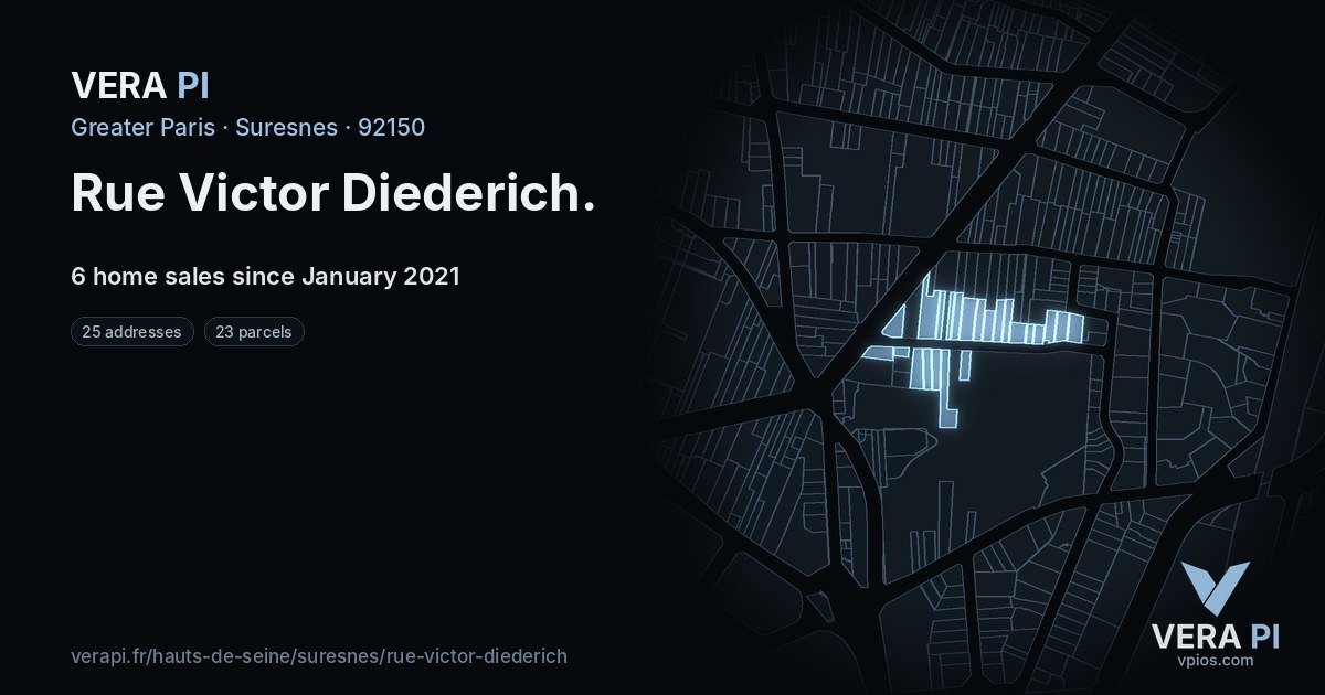 Rue Victor Diederich, Suresnes at night – every parcel coloured by the prices around it, the street's own parcels lit