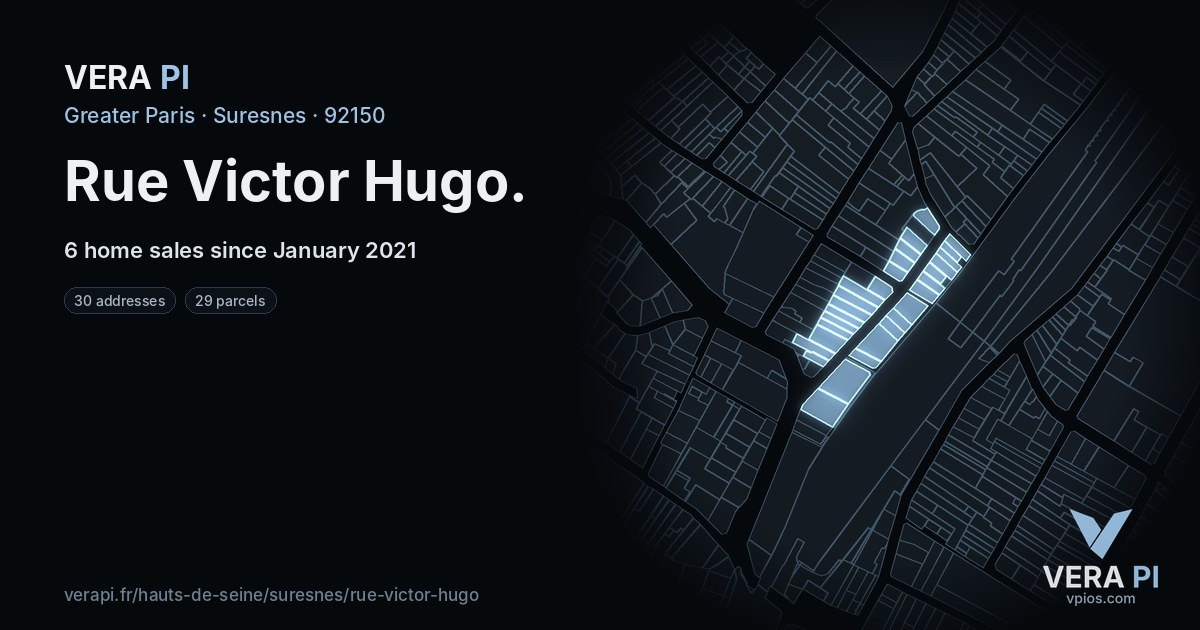 Rue Victor Hugo, Suresnes at night – every parcel coloured by the prices around it, the street's own parcels lit
